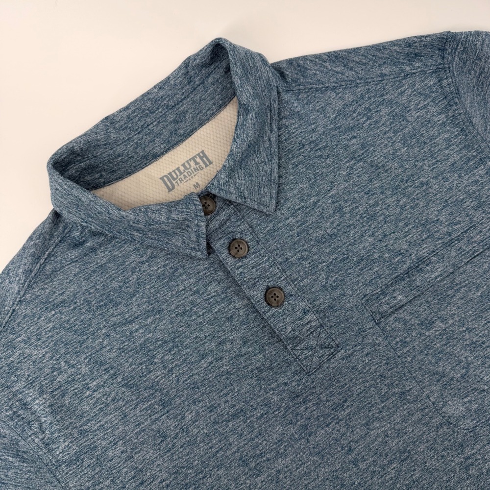 Duluth Trading Co Mens Blue Heathered Performance Polo Shirt Zipper Pocket M